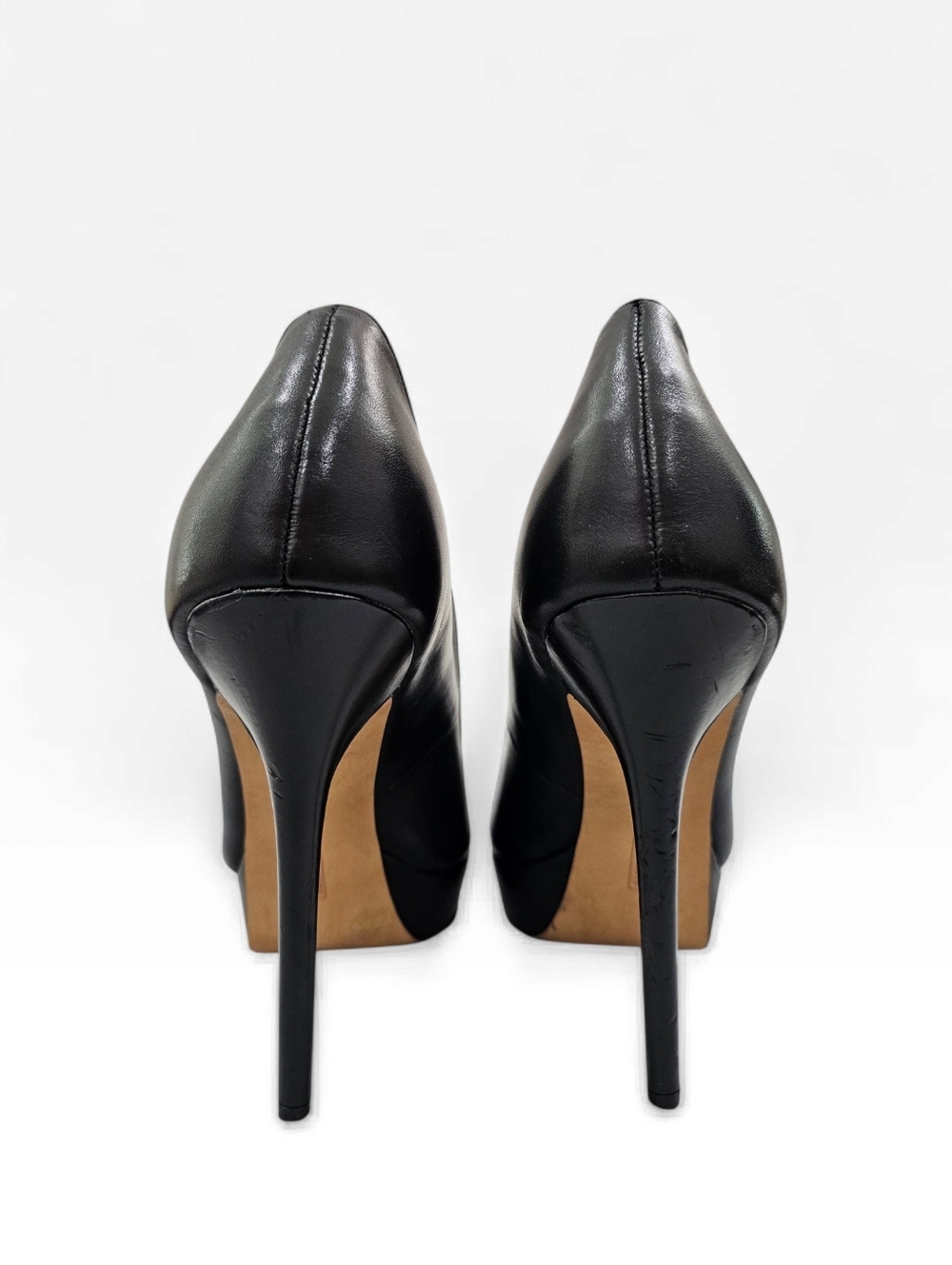 VINCE CAMUTO Lainey Black Leather Platform Peep Toe Stiletto Pumps 8.5M - Picture 6 of 10